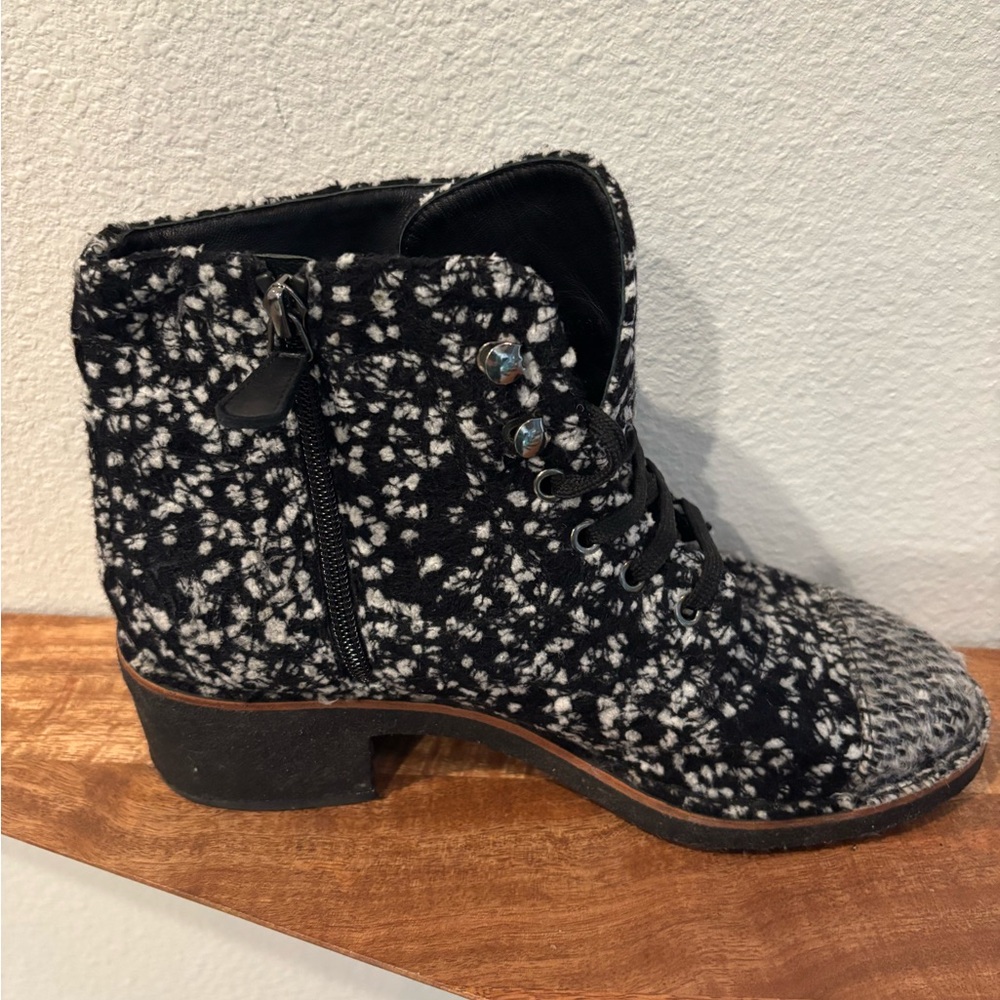 CHANEL Black and Gray Combat Boots with Knit Texture